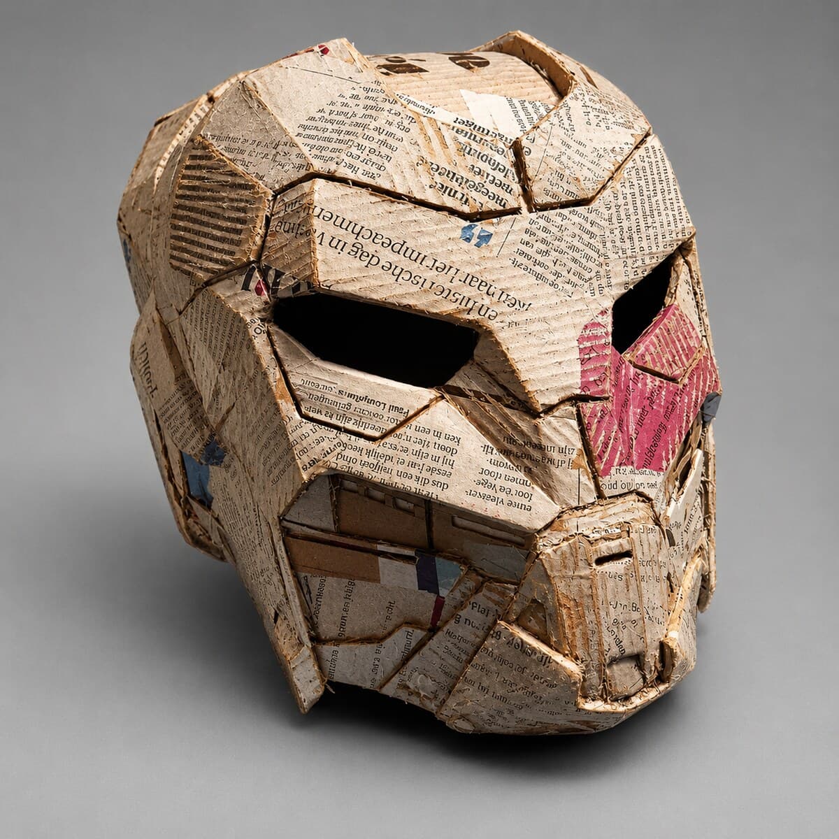 The helmet built from faceted panels of card and newspaper, print still visible