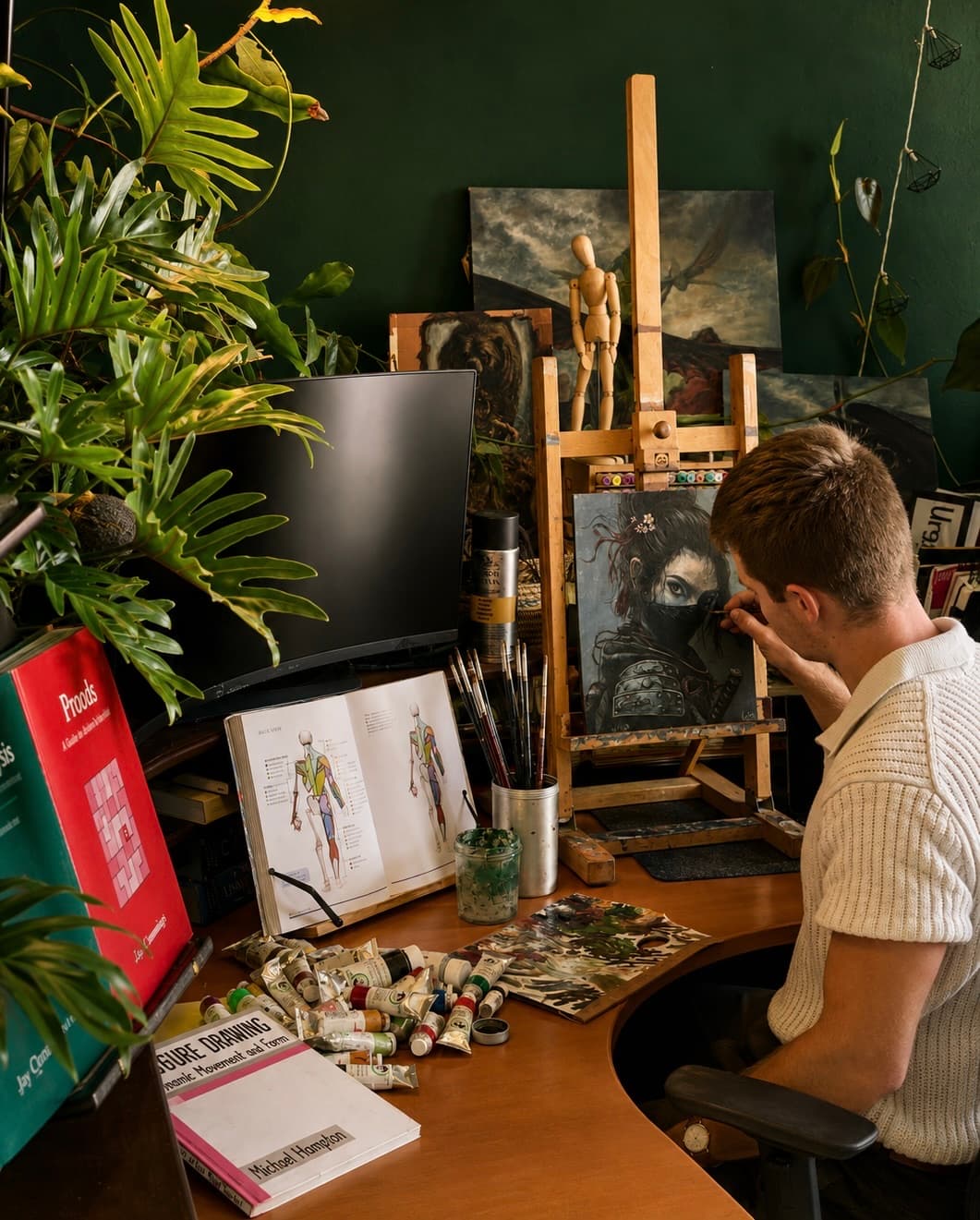 Leto painting a portrait at the easel, paint tubes and a figure-drawing book on the desk