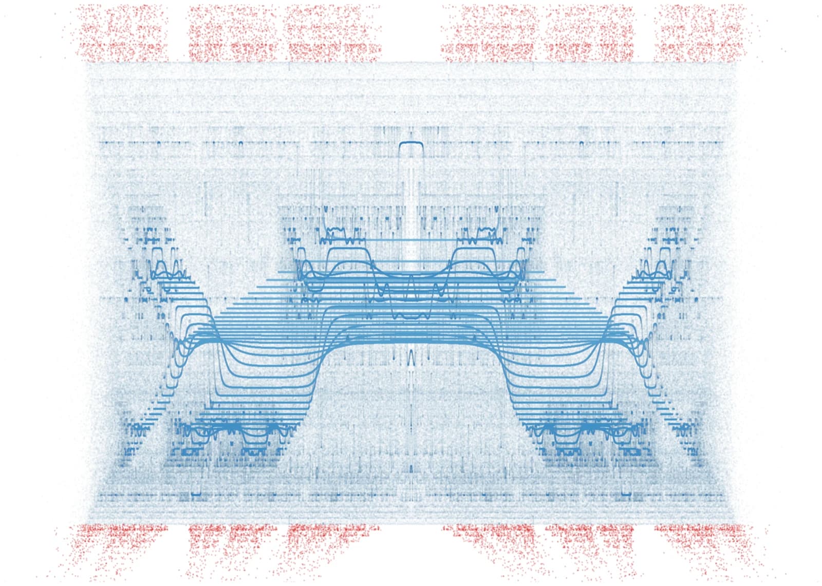 A dense stippled rendering of the Prisoner Set: a broad blue region of bounded orbits, layered with horizontal bands and symmetric branching structures, with red escaping points scattered above and below it.