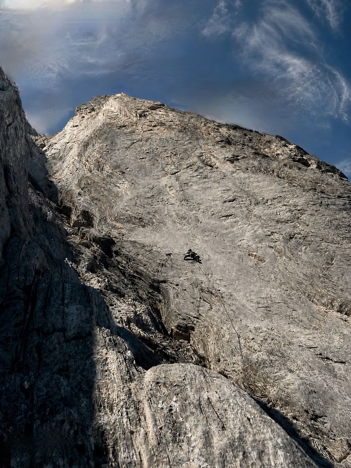 A climber small on a large grey limestone face in the Engelhörner, the summit ridge above and blue sky behind
