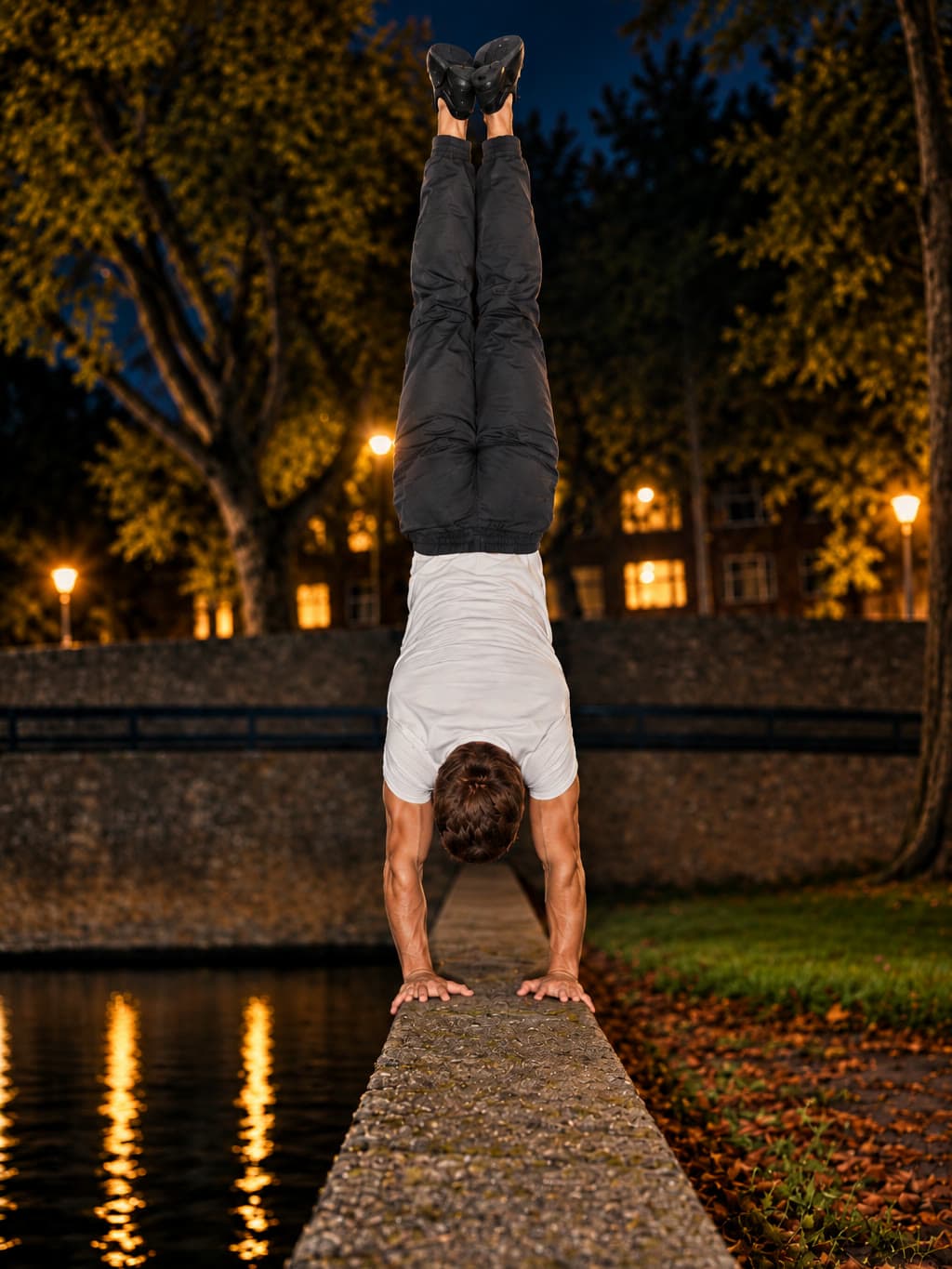 's Nachts een rechte handstand op de smalle stenen rand van een kademuur, water aan één kant en verlichte huizen erachter