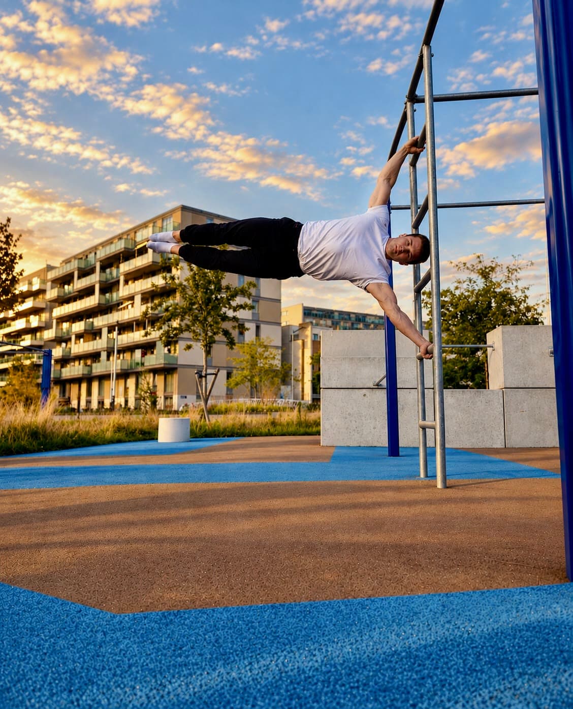 Bij zonsondergang in een buitentrainingspark, een human flag horizontaal aan de staander van een rekstok, lichaam gestrekt en benen bij elkaar