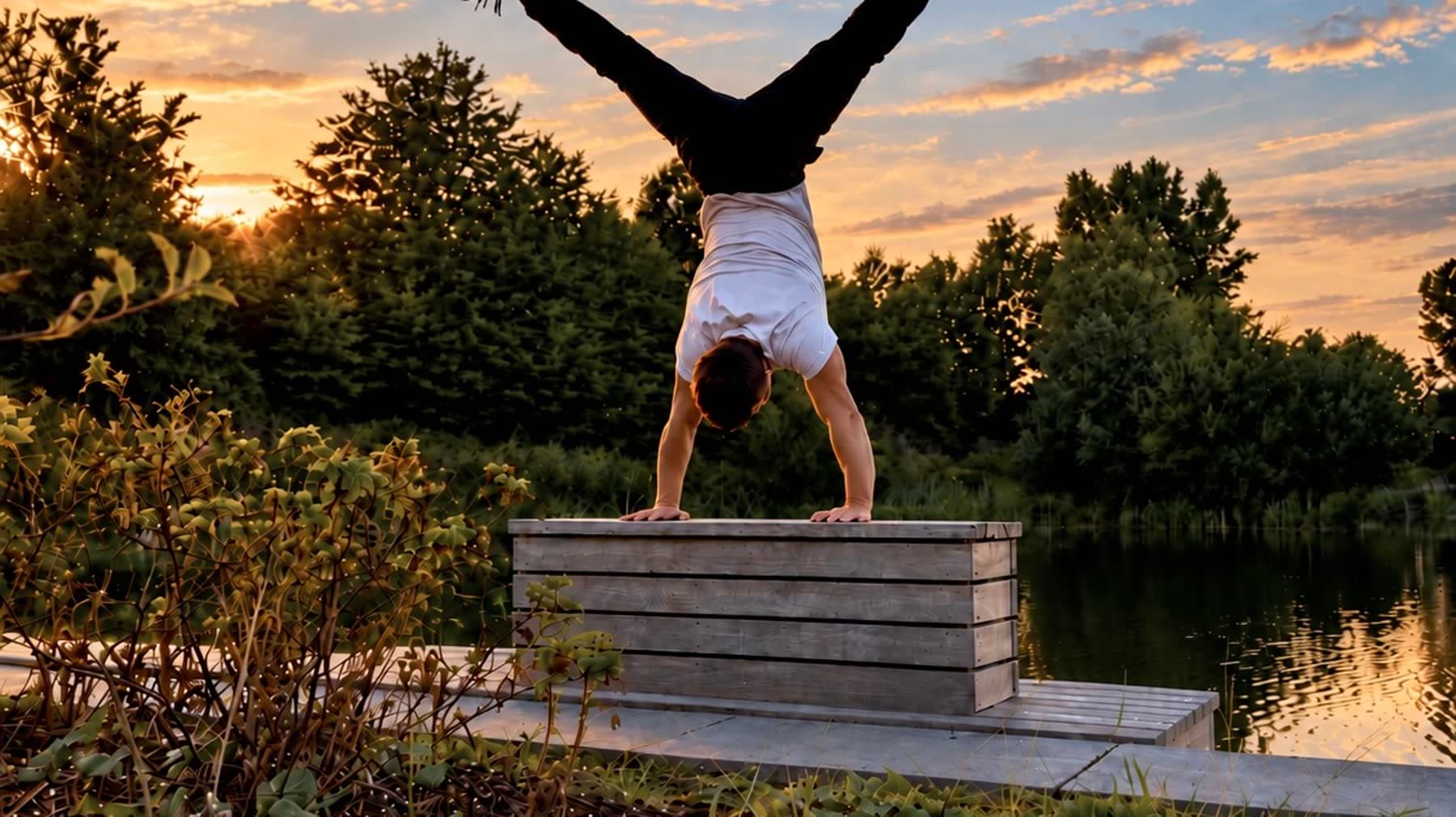 Bij zonsondergang aan het water, een spreidhandstand op een houten kist, de lucht oranje achter een bomenrij